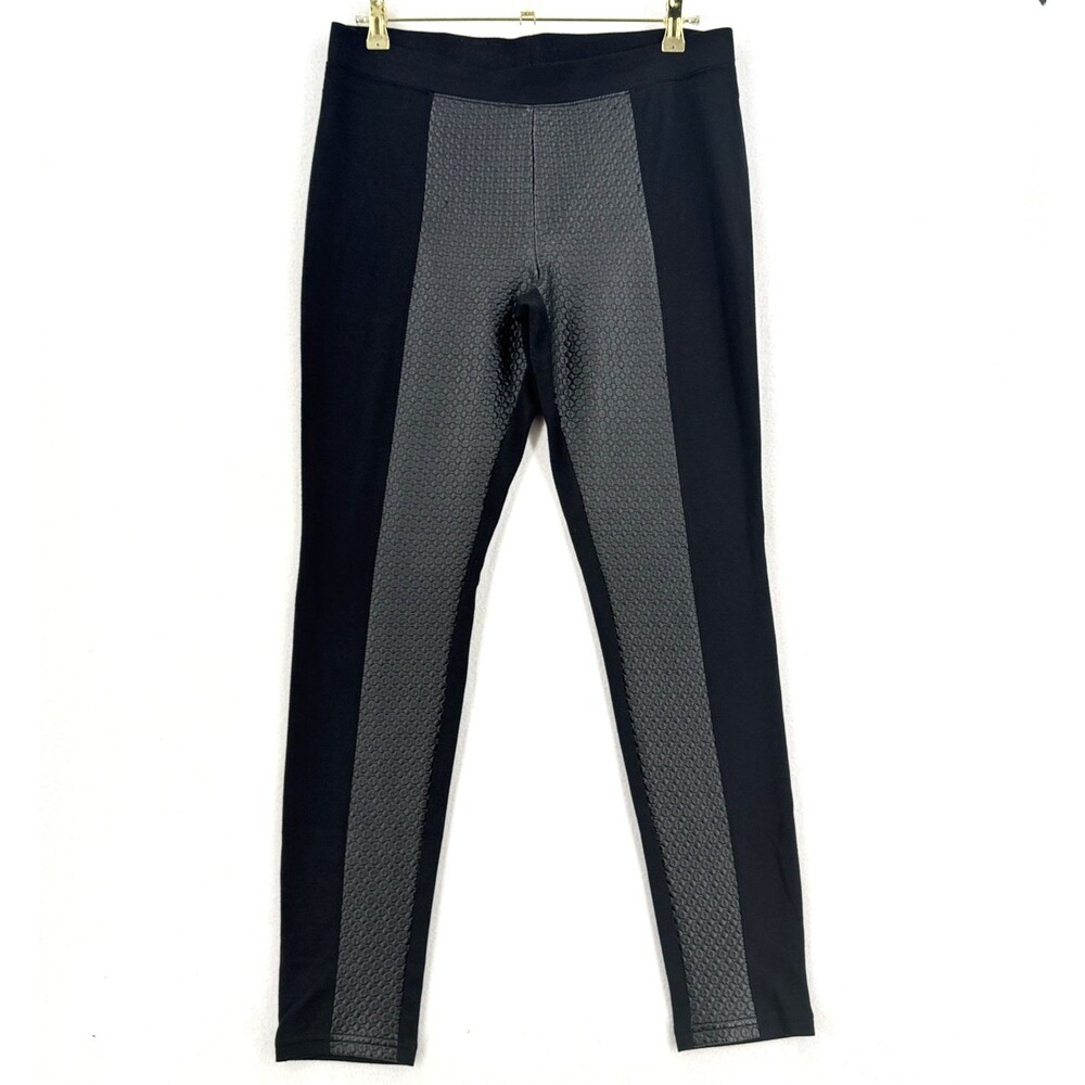 HUE Leggings Women L Black Faux Leather Textured Panel Ponte Stretch Skinny Pant